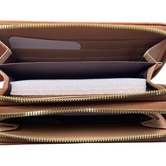 Brown Designer Inspired Lettering Double Zipper Wristlet Wallet - Picture 6 of 9